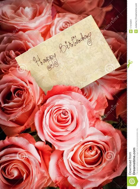 Pics Photos Bouquet Of Pink Roses With A Happy Birthday Card On A White