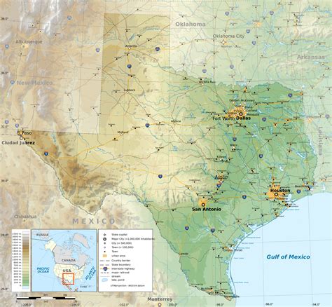 Large detailed physical map of the state of Texas with roads, highways