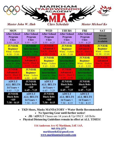 Schedule Markham Taekwondo Academy And Martial Arts