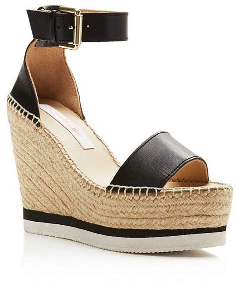 See By Chloé Glyn Leather Espadrille Platform Wedge Ankle Strap Sandals