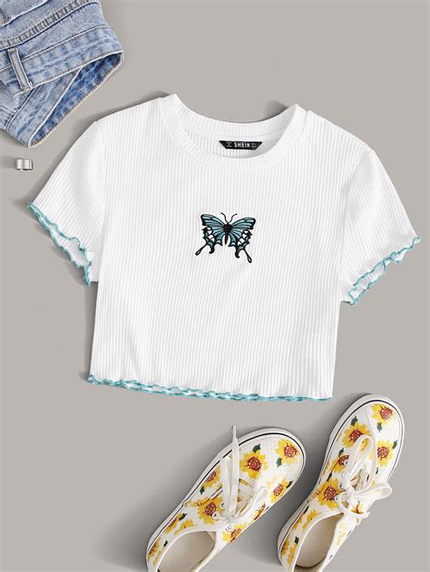 Shein Lettuce Trim Butterfly Embroidery Crop Top Girls Fashion