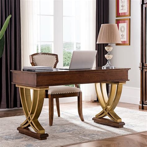 Luxury Rustic Vintage 55 Wood Office Writing Desk Walnut Gold Study