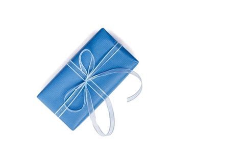 Gift Box Wrapped In Blue Paper On White Background Top View