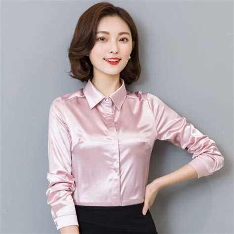 women satin silk like wet look slim blouse lady long sleeve collared basic shirt ebay