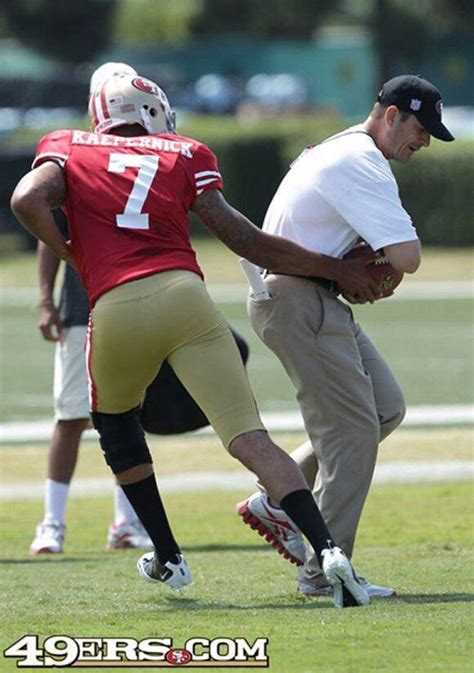 49ers practice qb kaepernick handing off to coach harbaugh forty niners harbaugh sf 49ers
