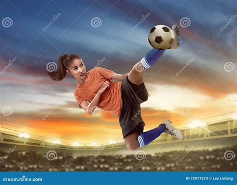 Asian Woman Football Player Kick Ball Stock Image Image Of Girl High