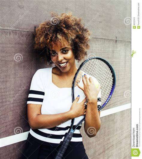 Young Stylish Mulatto Afro American Girl Playing Tennis Sport H Stock