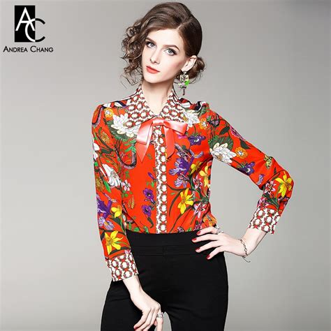 Autumn Spring Woman Shirt Blouse Collar Ribbon Bow Colorful Floral