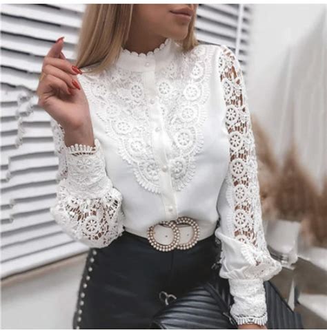 White Elegant Lace Long Sleeved Blouse For Women Etsy