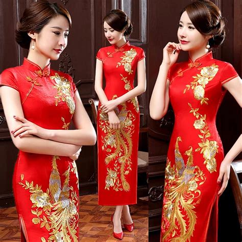 summer new red chinese bride wedding qipao dress women satin long slim cheongsam embroidery in