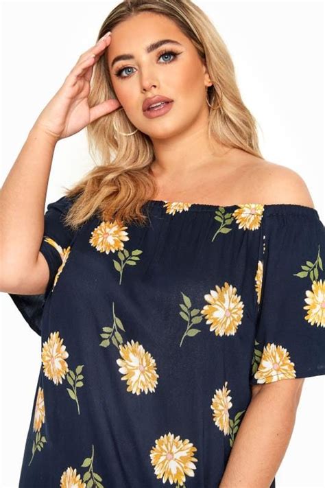 Navy And Yellow Floral Bardot Dress Yours Clothing