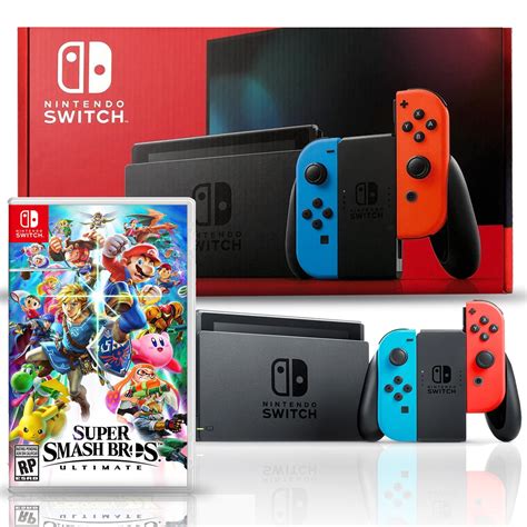 Nintendo Switch With Neon Blue And Red Joy Con Bundle With Super Smash