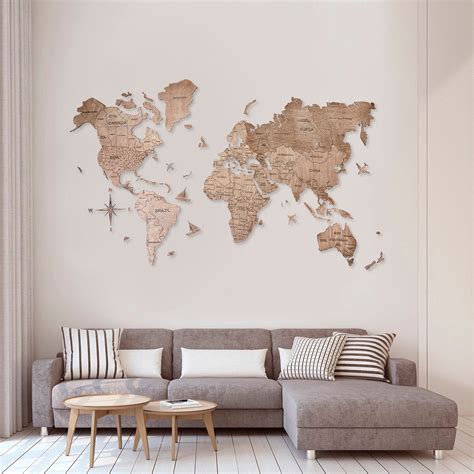 Wooden World Map Wood Large Wall Art Rustic Decor Custom Map Etsy