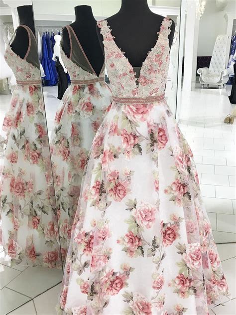 Floral Print Prom Dresses V Neck A Line Floor Length Organza Long Prom