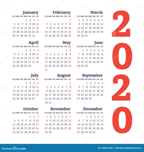 Calendar 2020 Year Vector Design Template Color English Square Pocket