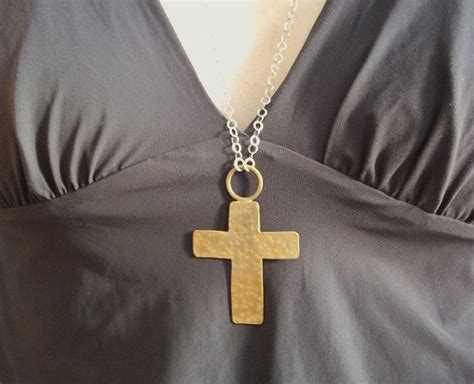 Long Necklace Gold Cross Necklace In Hammered Brass On Long Etsy