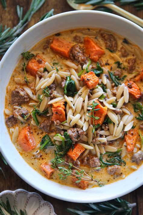 Creamy Butternut Squash And Sausage Soup With Orzo And Spinach
