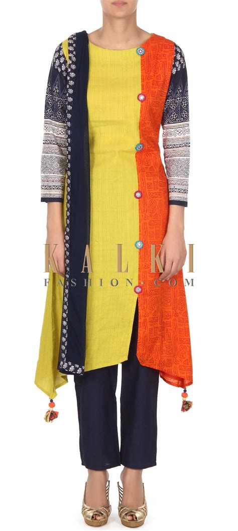 Buy This Yellow Printed Straight Suit Adorn In Fancy Button Only On
