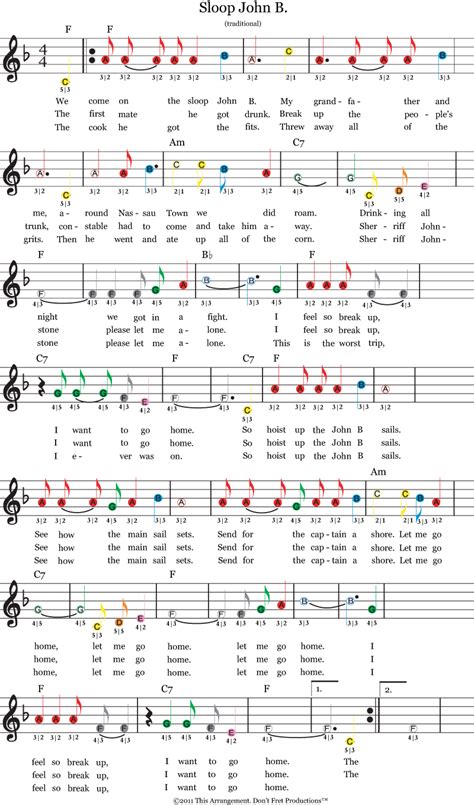 Free and featured premium digital print beginner guitar sheet music arrangements for students that are just starting out though the first year of study. easy guitar sheet music for sloop john b featuring don't fret productions color coded guitar ...