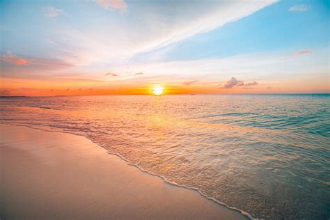 Sunset Sea Landscape Colorful Ocean Beach Sunrise Beautiful Beach Scenery With Calm Waves And