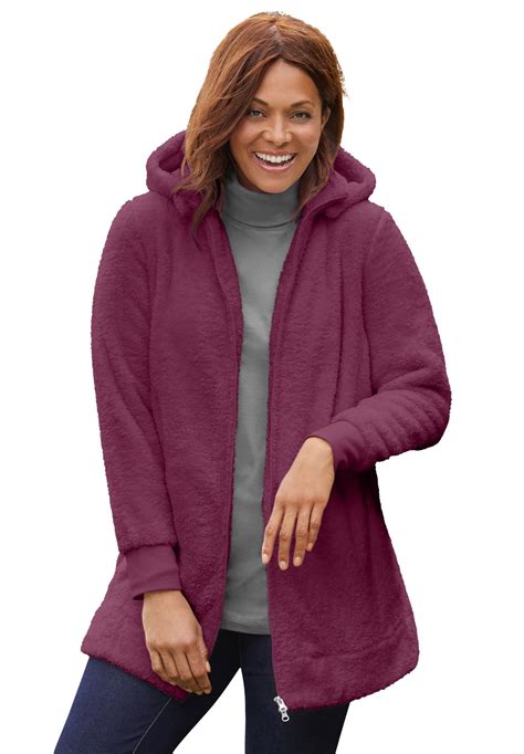 woman within women s plus size fleece hooded jacket 14 16 deep claret purple