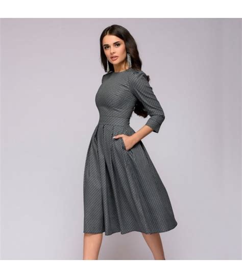 Women Dress 2019 Fall Printing With Pockets Casual Midi