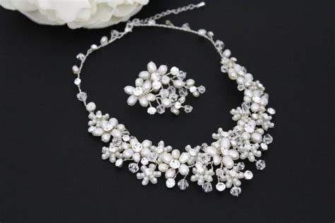 Pearl Bridal Necklace Set Crystal Wedding Jewelry Freshwater Pearl