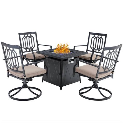 Phi Villa Black 5 Piece Metal Patio Fire Pit Set With Fashion Swivel Chairs With Beige Cushions