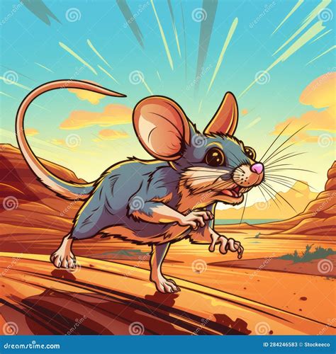 Vibrant Cartoon Mouse Sprinting Across The Desert Savannah Stock