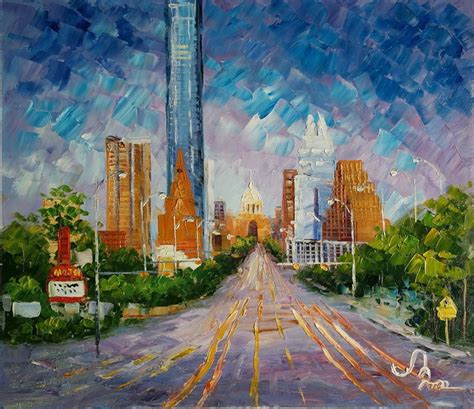 An Oil Painting Of A City Street With Tall Buildings
