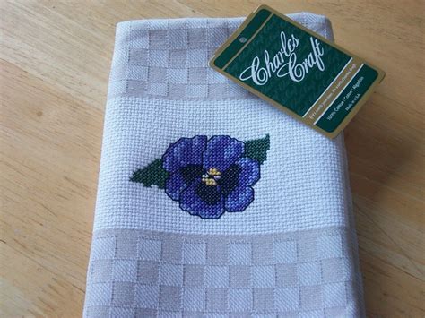 Charles Craft finished Cross Stitch Kitchen Towel Spring Pansy