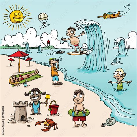 Cartoon People Enjoy Summer Vacation Activities On A Sunny Beach Including Surfing Swimming
