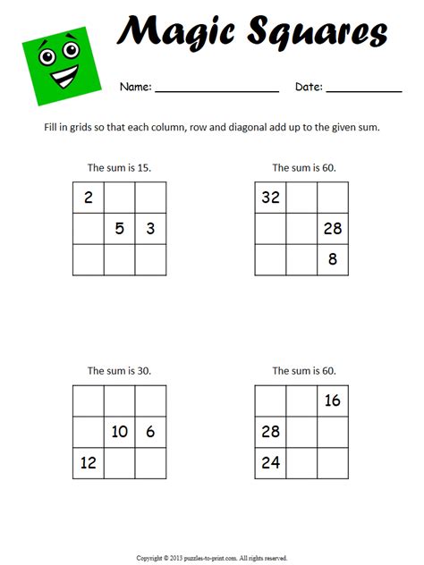 Beginner Magic Square Worksheet #1