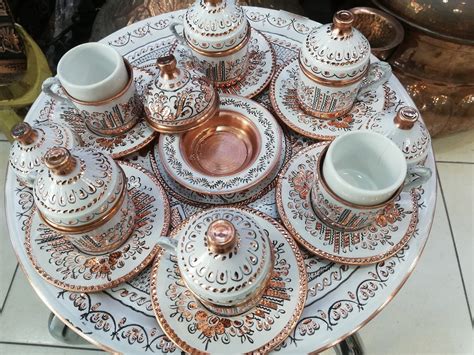 Copper Turkish Coffee Set White Traditional Patterned New Style
