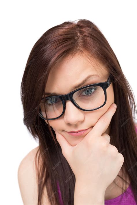Premium Photo Close Up On Thinking Brunette With Glasses
