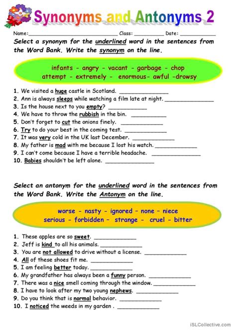 Synonyms Vs Antonyms 2 Warmer Fille English Esl Worksheets Pdf And Doc