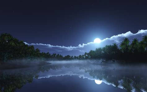 Nature Landscape Starry Night Moonlight Clouds Tropical Mist