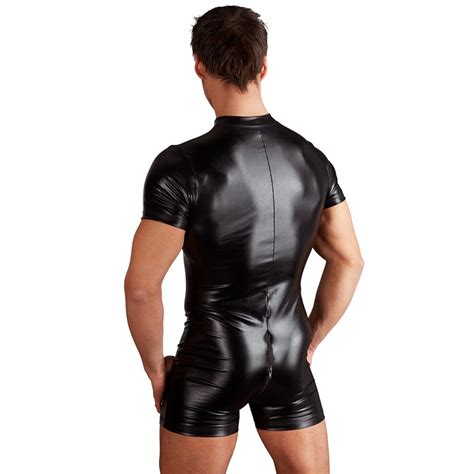 Male Pu Leather Bodysuit Black Open Crotch Zipper Jumpsuit Mens Fetish Latex Clubwear Catsuit