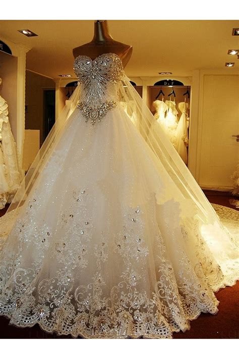 A beautiful range of dresses for the style savvy bride. Sparkly Lace Ball Gown Crystal Wedding Dresses Bridal ...