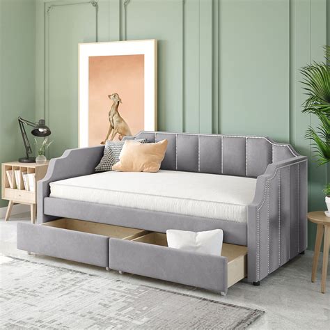 Buy Upholstered Twin Size Daybed Upholstered Daybed With Two Storage Drawers Wood Slat Support