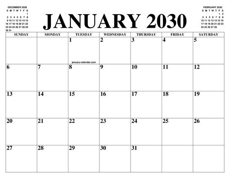 January 2030 Calendar Of The Month Free Printable January Calendar Of