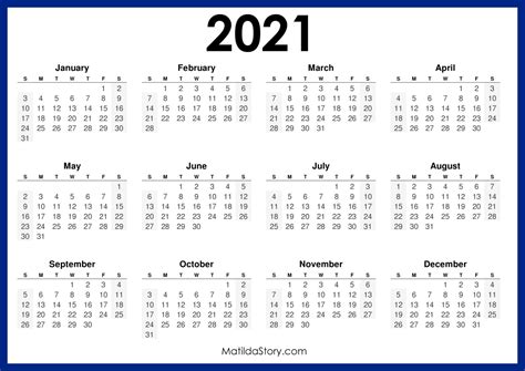 2021 Printable Free Calendar Horizontal Blue Sunday Start Hd