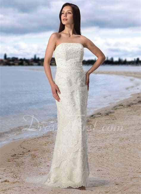 Sheath Column Strapless Court Train Tulle Lace Wedding Dress 002005197 Dressfirst