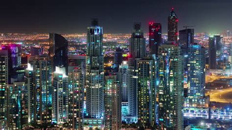 Dubai City Night Illumination Apartment Buildings Up View