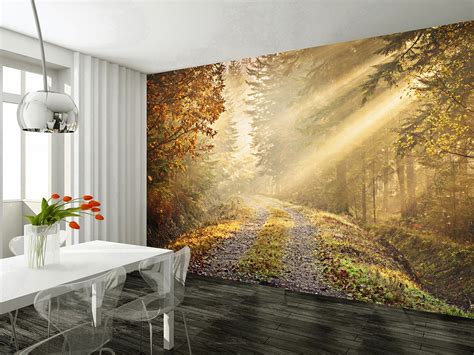 Wall murals are different to wallpapers in that they function as a focus wall with one single image spreading across several strips of wallpaper. Autumn - forest patch wall mural wallpaper