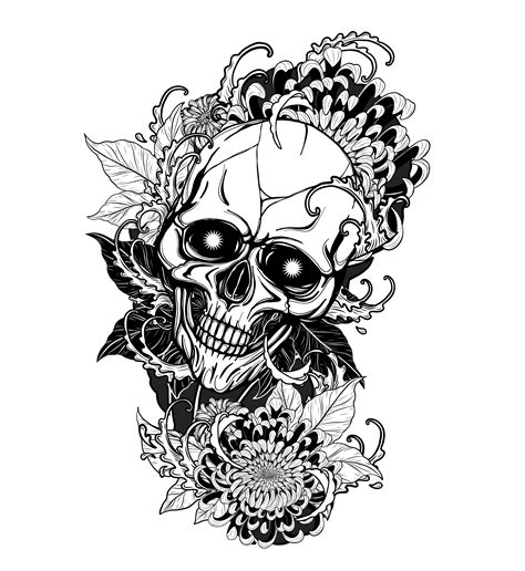 Skull With Chrysanthemum Tattoo By Hand Drawing 540059 Vector Art At