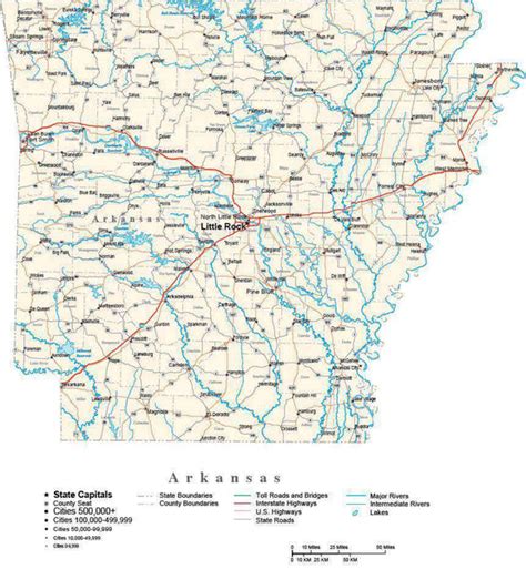 Arkansas With Capital Counties Cities Roads Rivers And Lakes