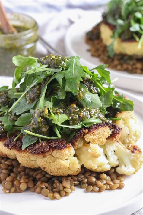 Cauliflower Steaks With Lentils And Pistachio Mint Pesto The Mostly Vegan