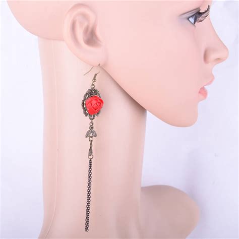 gothic style tri color roses long tassel earrings exaggerated rose flower drop earrings women