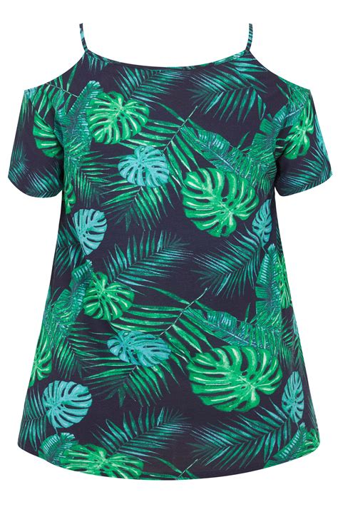 Navy Palm Leaf Cold Shoulder Top Plus Sizes 16 To 36